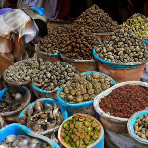 Image similar to live snails being sold at a bazaar