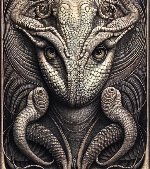 Image similar to detailed realistic beautiful chameleon goddess face portrait by jean delville, gustave dore, iris van herpen and marco mazzoni, art forms of nature by ernst haeckel, art nouveau, symbolist, visionary, gothic, neo - gothic, pre - raphaelite, fractal lace, intricate alien botanicals, biodiversity, surreality, hyperdetailed ultrasharp octane render