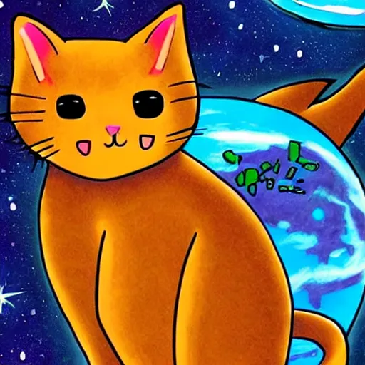 Prompt: ( very giant ) sci - fi cat!, in space ( about to eat the earth )