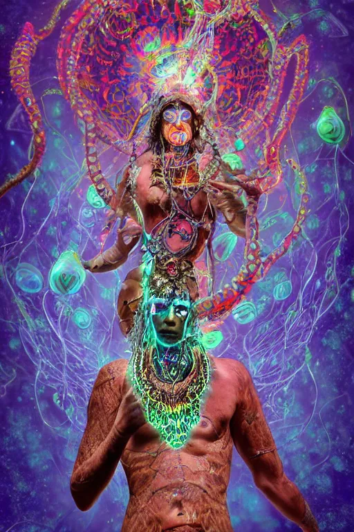 Image similar to full body psychedelic shaman with trinket necklace, epic angle and pose, symmetrical artwork, 3d with depth of field, blurred background, cybernetic jellyfish robotic face skull ayahuasca, translucent, fungus, energy flows of water and fire. a highly detailed epic cinematic concept art CG render. made in Maya, Blender and Photoshop, octane render, excellent composition, cinematic dystopian brutalist atmosphere, dynamic dramatic cinematic lighting, aesthetic, very inspirational, arthouse, Greg Rutkowski, Ilya Kuvshinov, WLOP, Stanley Artgerm Lau, Ruan Jia and Fenghua Zhong