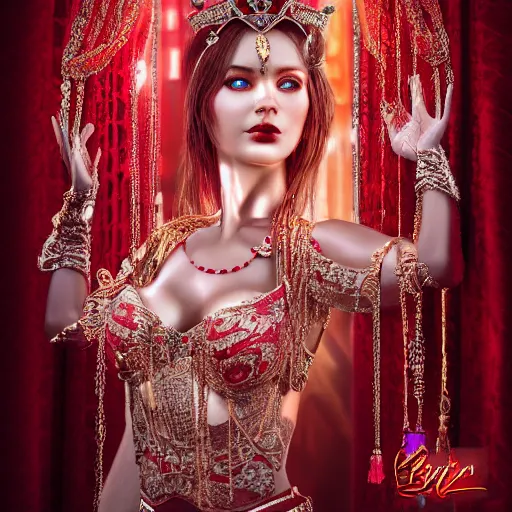 Prompt: wonderful princess with smooth fair skin, alluring eyes, red eyeshadow, red jewelry, breathtaking, elegant, intricate, ornate backdrop, hyper detailed, accent lighting, 4 k glamour photography, octane render