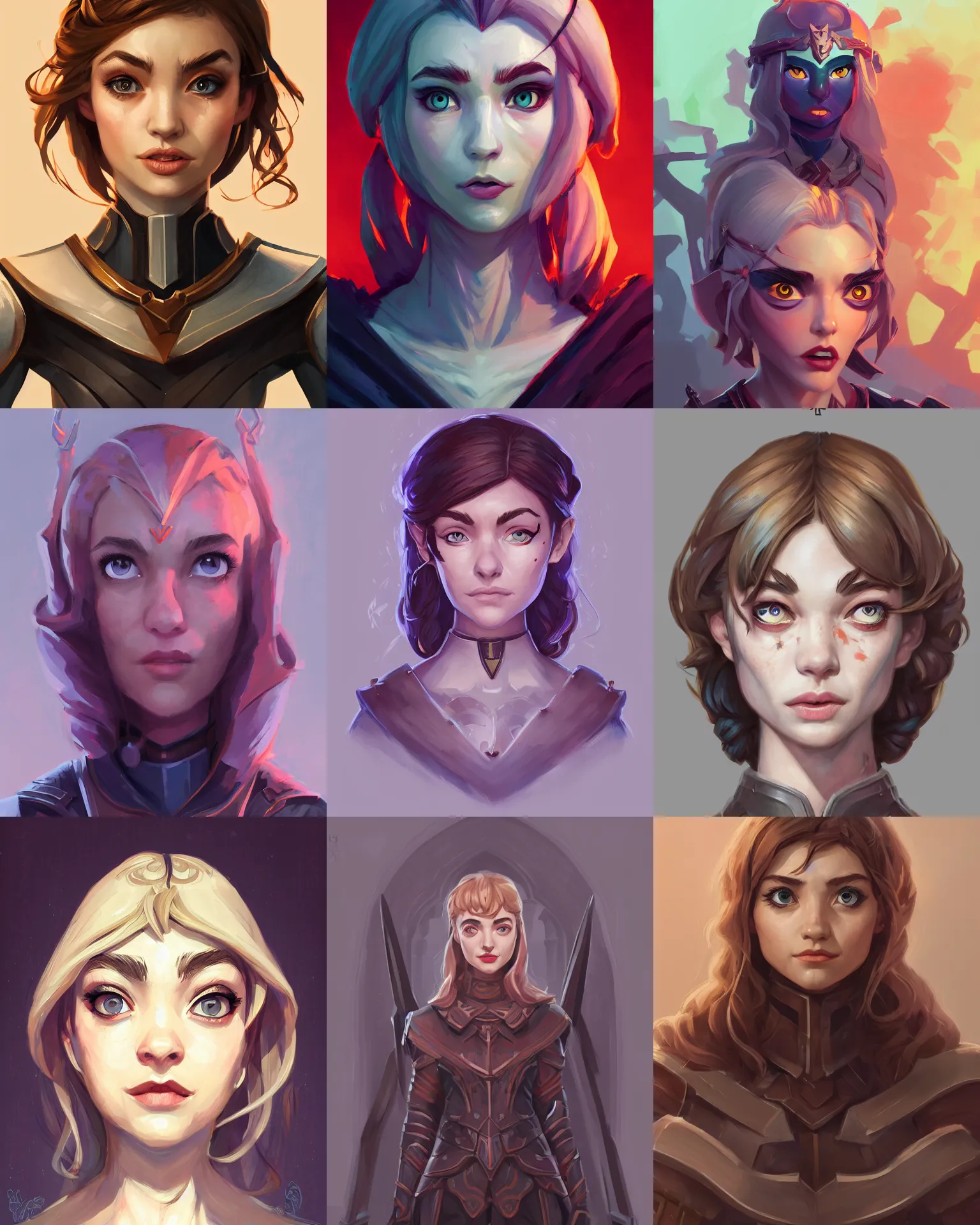 Prompt: front facing symmetrical centered painted portrait, just one head, Imogen Poots as a D&D Paladin, RPG character avatar, Blizzard concept art, pixar, dreamworks, global illumination lighting, trending on artstation, by lois van baarle, ilya kuvshinov, rossdraws