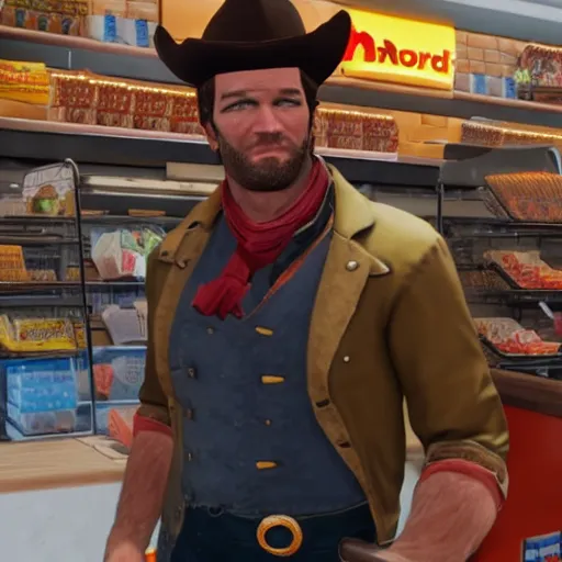 Image similar to arthur morgan as a cashier at mcdonalds