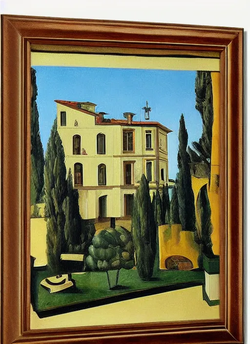 Prompt: a painting of a pezo von ellrichshausen house by giorgio de chirico