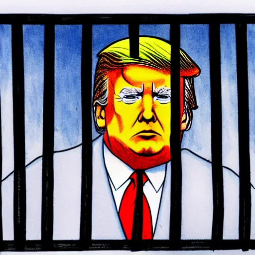 Prompt: a color ink drawing of donald trump with derp eyes being behind bars wearing a stripped pijama