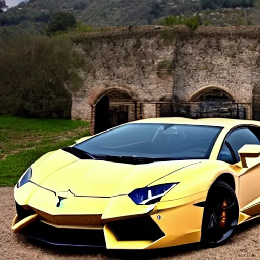 Image similar to a Lamborghini Aventador parked in a medieval fantasy setting with magic, confused villagers stare at Lamborghini Aventador