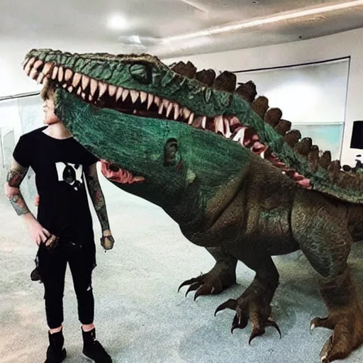 Prompt: an old photograph of taddl ( tj _ beastboy ) riding a real dinosaur, exciting