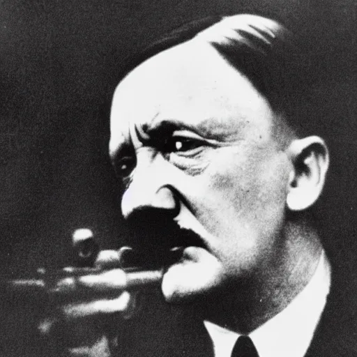 Image similar to hitler pointing a gun to his head while crying, close - up shot, low angle shot