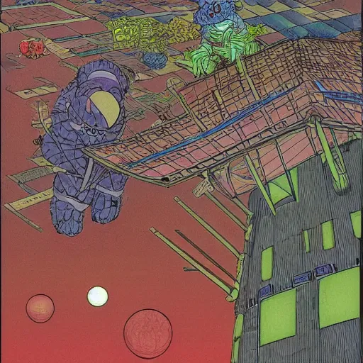 Image similar to a giant tardigrade attacking tokyo, by jean giraud