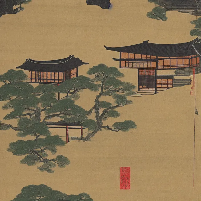 Prompt: a building in a serene landscape, ancient japanese painting
