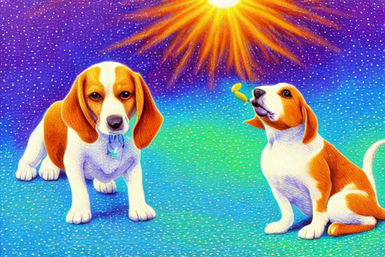 Prompt: pointillism painting of a white and caramel beagle dog playing with dragonfly, bright, god rays, dreamy, trending on artstation