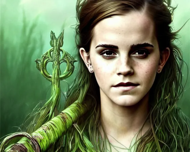 Image similar to mindblowing portrait of emma watson as a swamp witch, green colored skin, green hair, holding a caduceus staff, messy hair, deep focus, d & d, fantasy, intricate, elegant, highly detailed, digital painting, artstation, concept art, matte, sharp, illustration, hearthstone, art by artgerm and greg rutkowski and alphonse mucha