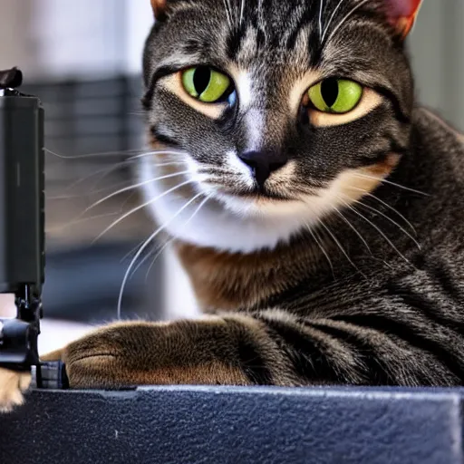 Prompt: a cat holding a gun pointed at the camera, professional photography