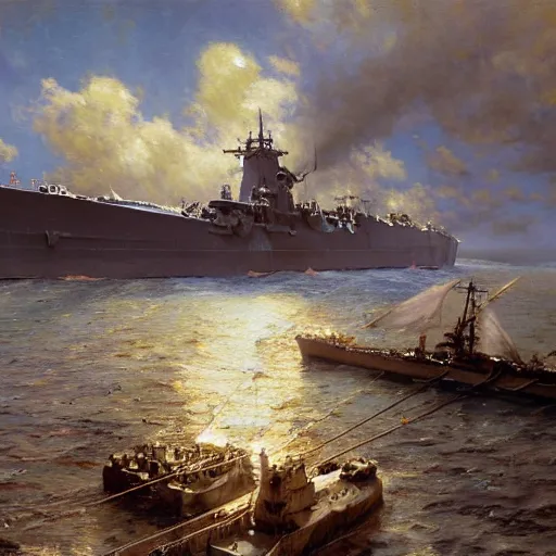 Image similar to detailed cinematic wide shot of world war 2 battleship, ultra realistic, spring light, painting by gaston bussiere, craig mullins, j. c. leyendecker