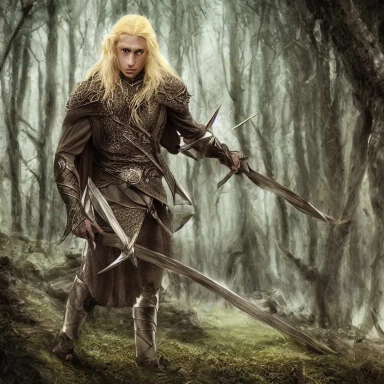 Image similar to elvish blonde male warrior, magical forest, lord of the rings style, realistic, full body, fantasy, sharp focus, 8 k high definition, character portrait, portrait, concept art, insanely detailed, intricate, elegant