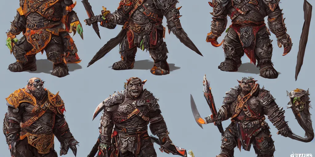 Image similar to different views of orcs in armour, colourful intricate!! concept art by senior character artist, trending on artstation, full body character design