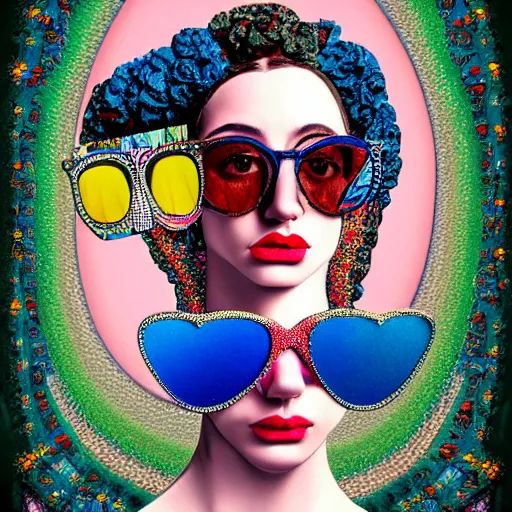 Prompt: detailed maximalist half-lenght portrait with elaborate interesting sunglasses. blue lips. 8x HD mixed media 3D collage in the style of Caravaggio, hyperdetailed childbook illustration in vibrant pastel tones. colourful matte background no frame