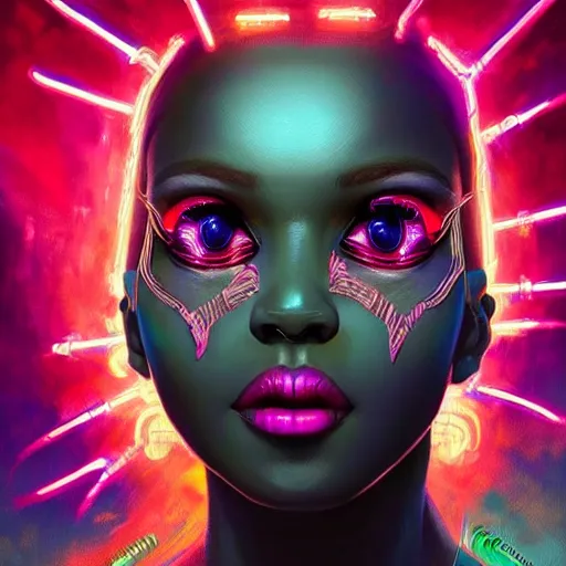 Image similar to african neon necromancer, science fiction, highly detailed, digital painting, beautiful eyes, symmetry, concept art, sharp focus, illustration, global illumination, radiant light, synthwave colors, detailed and intricate environment, art by artgerm and greg rutkowski and magali villeneuve and ilya kuvshinov!