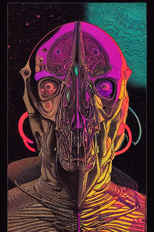 Image similar to portrait of black and psychedelic grainshading print by moebius, richard corben, wayne barlowe, cyberpunk comic cover art, psychedelic triangular skeleton, very intricate, thick outline, full body, symmetrical face, long black crown, in a shapes background, galactic dark colors