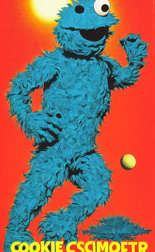Prompt: cookie monster, 1 9 7 0 s sci - fi paperback cover art by chris foss peter elson tim white jack gaughan and virgil finlay