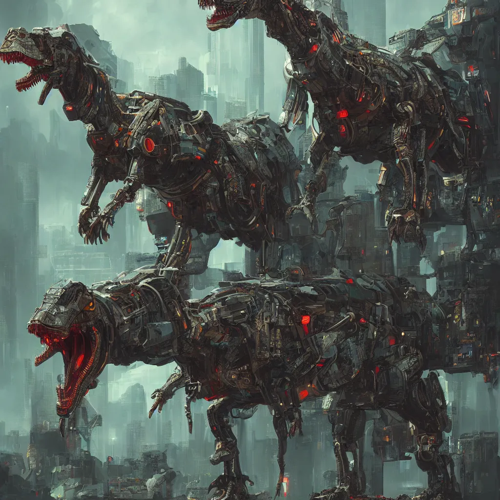 Image similar to Mechanical dinosaur, cyberpunk painting style, ultra high resolution, detailed, concept art, 4K