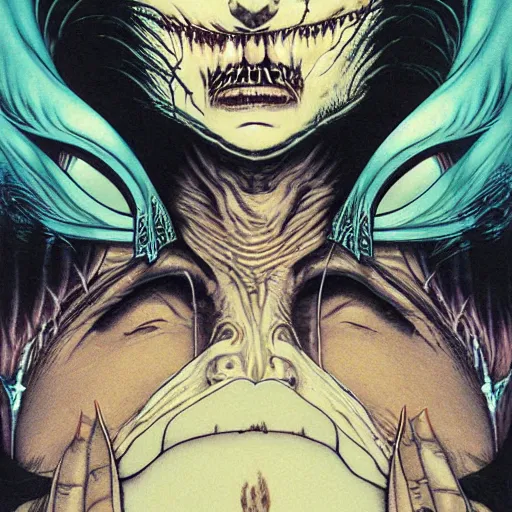 Image similar to closeup of face melting, vampire, by yoichi hatakenaka, masamune shirow, josan gonzales and dan mumford, ayami kojima, takato yamamoto, barclay shaw