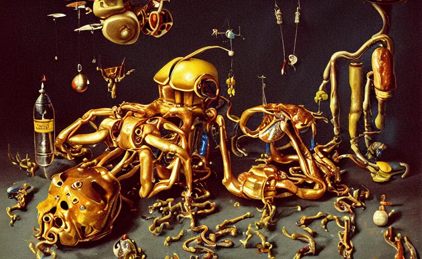 Image similar to strange robot body, disturbing colorful oil painting dutch golden age vanitas still life sparse composition with bizarre objects strange gooey transparent surfaces shiny metal reflections bizarre mutant meat insects rachel ruysch dali todd schorr very detailed perfect composition rule of thirds masterpiece canon 5 0 mm, cinematic lighting, photography, retro, film, kodachrome