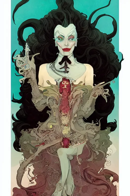 Image similar to portrait of crazy mad lady scientist, half cruella devil and half ursula chimera, stylized illustration by peter mohrbacher, moebius, mucha, victo ngai, colorful comics style