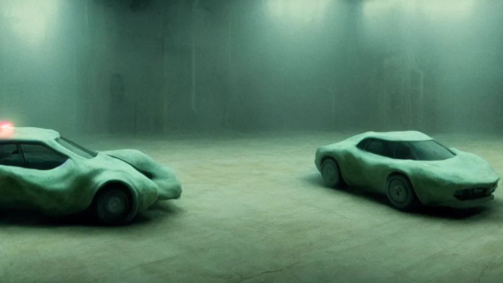 Image similar to the car made of glowing wax, film still from the movie directed by Denis Villeneuve and David Cronenberg with art direction by Zdzisław Beksiński, wide lens