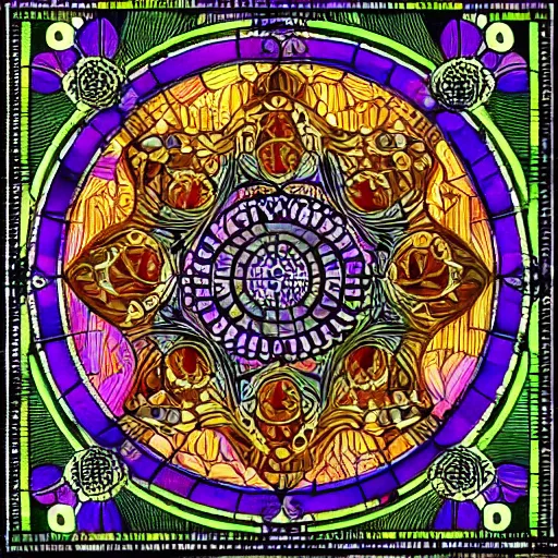 Prompt: hands eyes bass clef bass guitar lights, fire, chaos, high quality, intricate details, details, intricate, atmosphere, highly detailed, stained glass, mandala violet, david hockney xavier veilhan