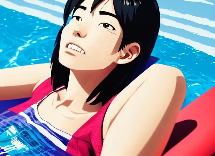 Image similar to closeup portrait of kyoka jiro from my hero academia relaxing in jeans and a t - shirt on a floating pool chair, sunny, bright, reflections, intricate, sharp focus, lens flare, bloom, illustration, highly detailed, digital painting, concept art, matte, art by ruan jia and wlop and greg rutkowski, masterpiece