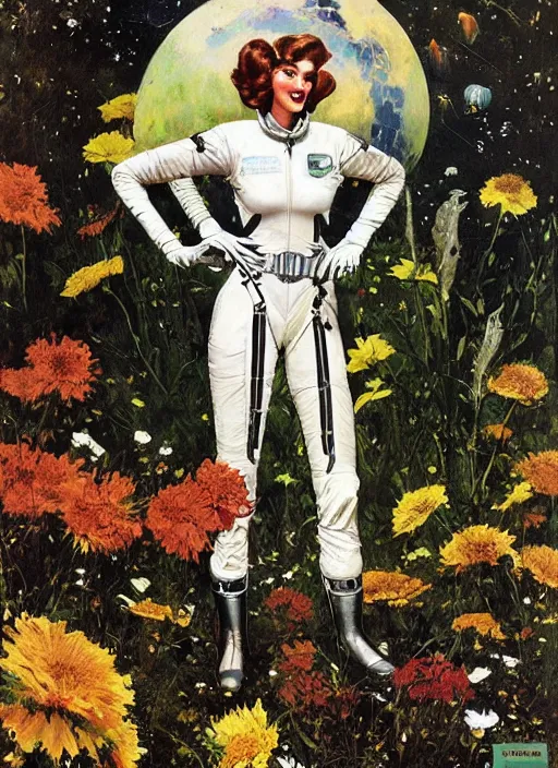 Prompt: tall elegant woman wearing a latex spacesuit standing in flowery martian meadow, by norman rockwell, jack kirby, jon berkey, earle bergey, craig mullins, ruan jia, jeremy mann, tom lovell, marvel, astounding stories, 5 0 s pulp illustration, scifi, fantasy