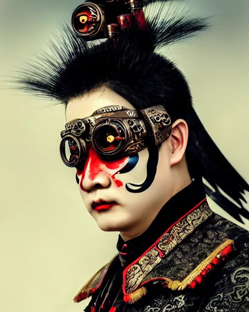Prompt: photo of a Dramatic angry Peking Opera male character with painted face wearing MadMax style steampunk goggles and accessories in the style of stefan kostic, realistic, sharp focus, symmetric, 8k high definition, insanely detailed, intricate, elegant, art by stanley lau and artgerm, William-Adolphe Bouguereau