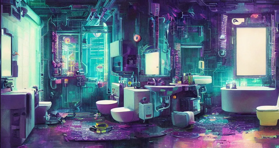 Prompt: IKEA catalogue photo of a cyberpunk bathroom, by Paul Lehr