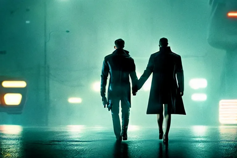 Image similar to film still of closeup diverse futuristic detective partners couple in blade runner 2 0 4 9, cinematic, moody, gritty neon noir by emmanuel lubezki