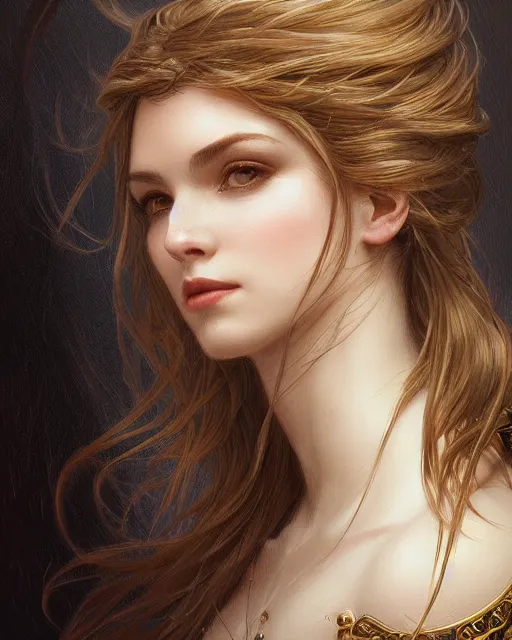 Image similar to close up portrait of a unsplash portrait model, soft hair, half body, leather, d & d, fantasy, intricate, elegant, highly detailed, digital painting, artstation, concept art, smooth, sharp focus, illustration, art by artgerm and greg rutkowski and alphonse mucha