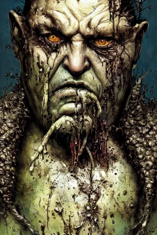 Image similar to closeup portrait shot of joe pesci as nurgle, the lord of pestilence, the plaguefather, great corrupter, decay, highly detailed, digital painting, artstation, concept art, soft focus, depth of field, artgerm, tomasz alen kopera, peter mohrbacher, donato giancola, wlop, boris vallejo