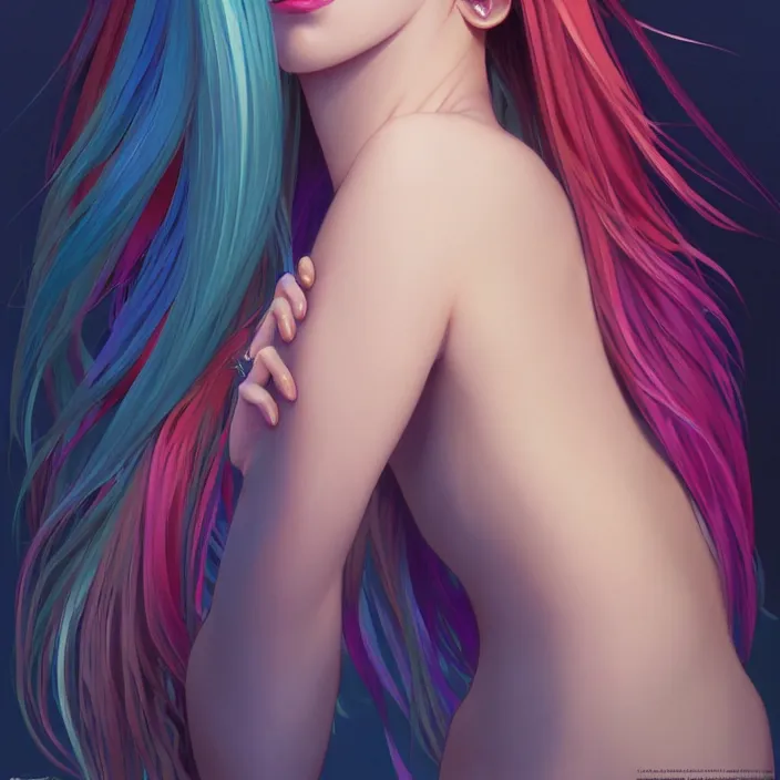 Image similar to full body portrait, a beautiful symmetrical gorgeous anime girl, rainbow hair, attractive, casual, modern, victoria's secret, highly detailed, digital painting, artstation, concept art, smooth, sharp focus, illustration, art by artgerm, greg rutkowski and alphonse mucha, 8 k,