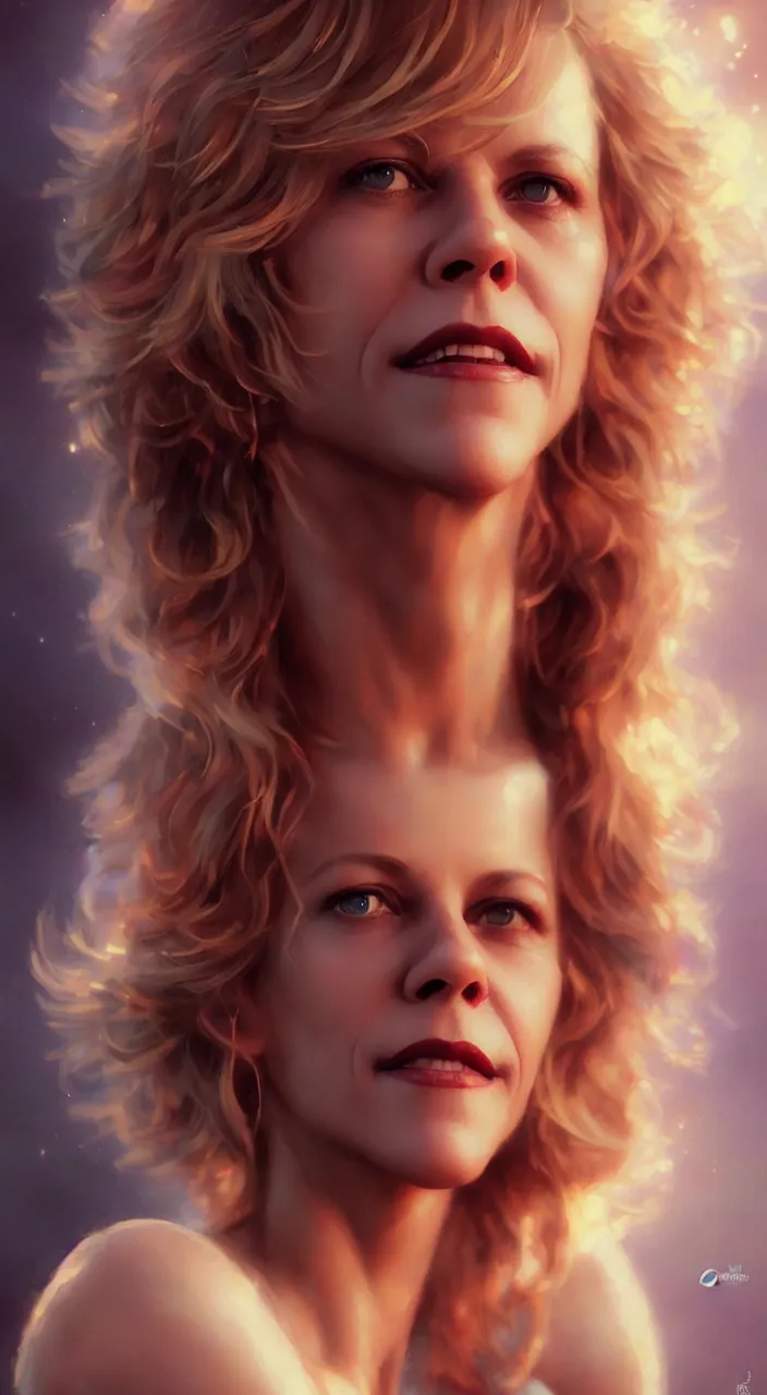 Image similar to photo of meg ryan, film still, dslr, by greg rutkowski, enoch bolles, ross tran, artgerm, wlop glossy skin, intricate detail, art deco, pearlescent, very coherent, cute