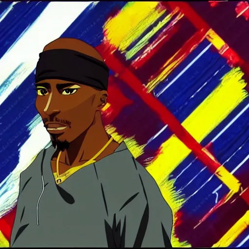 Image similar to Tupac Shakur, screenshot from a 2012s anime