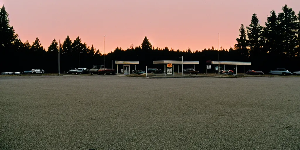 Image similar to a lonely port byron travel plaza in the middle of nowhere, sunset, eerie vibe, leica, 2 4 mm lens, cinematic screenshot from the 2 0 0 1 film directed by charlie kaufman, kodak color film stock, f / 2 2, 2 4 mm wide angle anamorphic
