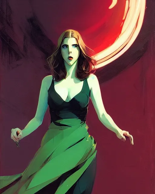 Prompt: Joshua Middleton comic art, Jeremy Mann art, artgerm, Mandy Jurgens art, cinematics lighting, beautiful Anna Kendrick supervillain, green dress with a black hood, angry, symmetrical face, Symmetrical eyes, full body, flying in the air over city, night time, red mood in background