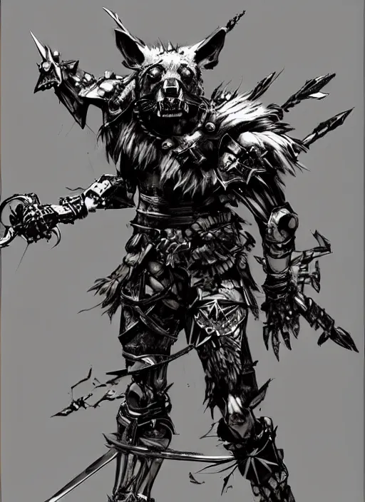 Image similar to Full body portrait of a gnoll warrior with a armour made of bones. In style of Yoji Shinkawa and Hyung-tae Kim, trending on ArtStation, dark fantasy, great composition, concept art, highly detailed, dynamic pose.