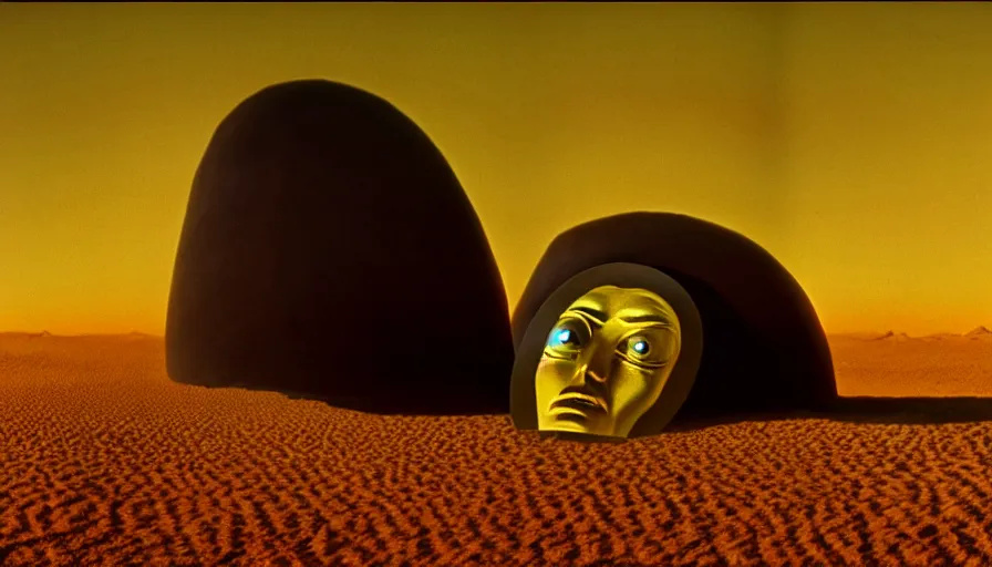 Image similar to glowing bene gesserit in full - face golden glowing mask meet salvador dali in a black rocky desert landscape with alienabandoned city beneath the sand and giant alien spaceship in the sky attacks the earth by christopher doyle and alejandro jodorowsky, anamorphic lens, kodakchrome, cinematic composition, very detailed photo, 8 k,