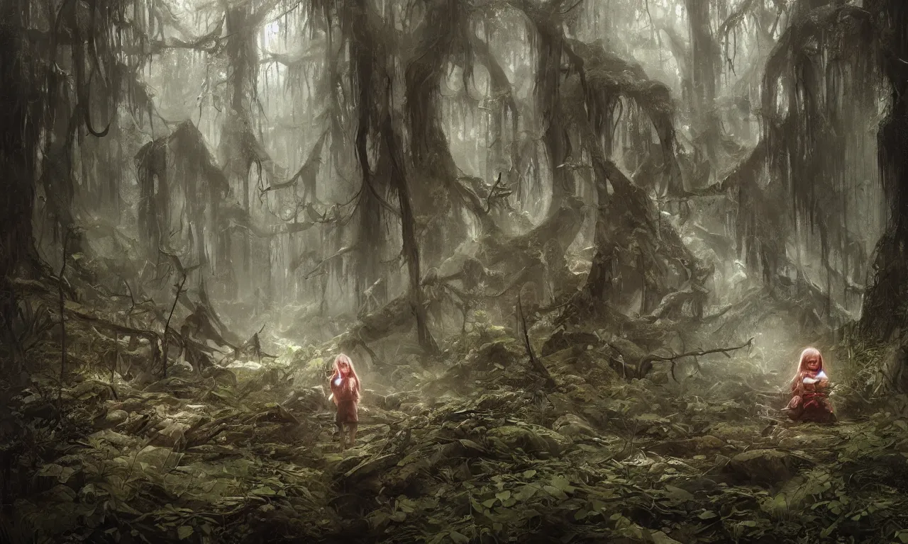 Image similar to a beautiful painting of a weeping kid in the middle of a dense scary forest by John Blanche and Greg Rutkowski, trending on Artstation, midjourney