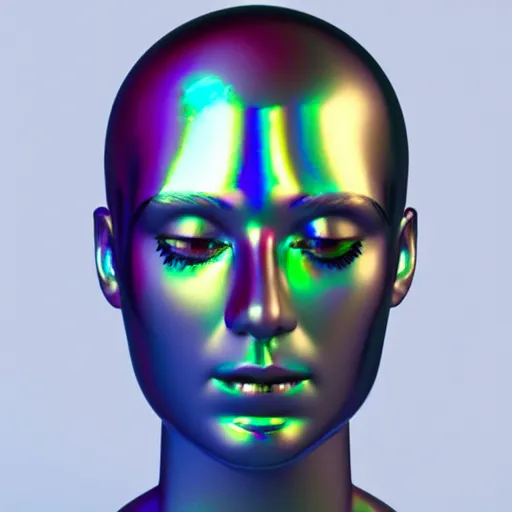 Image similar to 3d render of holographic human robotic head made of glossy iridescent, surrealistic 3d illustration of a human face non-binary, non binary model, 3d model human, cryengine, made of holographic texture, holographic material, holographic rainbow, concept of cyborg and artificial intelligence