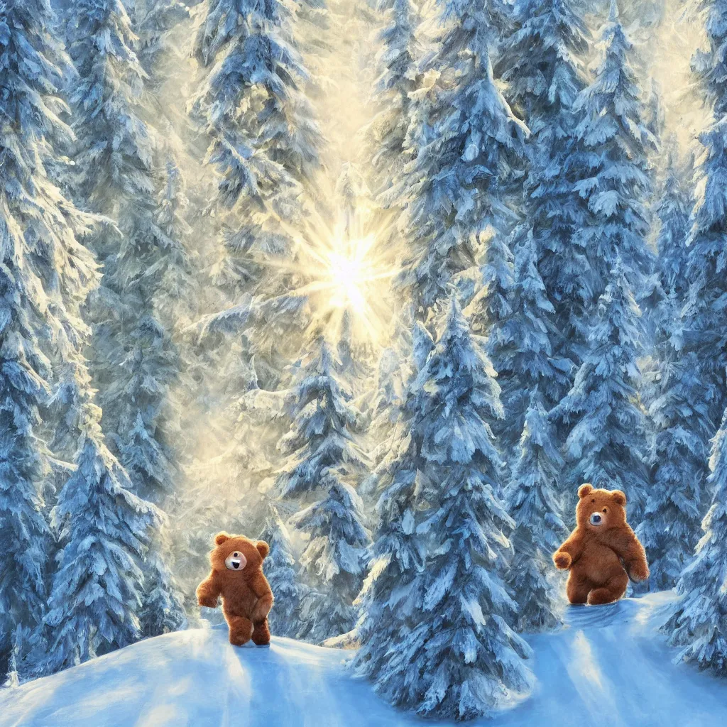 Prompt: a cute humanoid fluffy fur bear cub standing on ski skiing down the hill through a snowy forrest in, light rays are shining through the trees above, magical environment, beautiful light. trending on artstation 4 k award in winning artwork. vivid colors. detailed painting. kids book illustration.