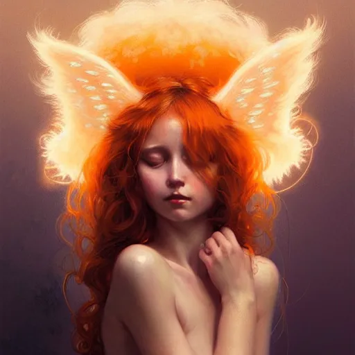 Image similar to Portrait of a girl angel with pale orange colored fuzzy frizzy hair, cat ears, glowing halo, wings, fantasy, intricate, elegant, highly detailed, digital painting, artstation, concept art, smooth, sharp focus, illustration, art by Krenz Cushart and Artem Demura and alphonse mucha