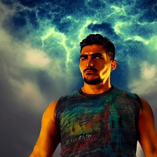 Image similar to A handsome Latino god floating with his arms up, his eyes glowing yellow, casually dressed, his head glowing blue ominously. Shot from below, photorealistic, ominous and apocalyptic dark sky.