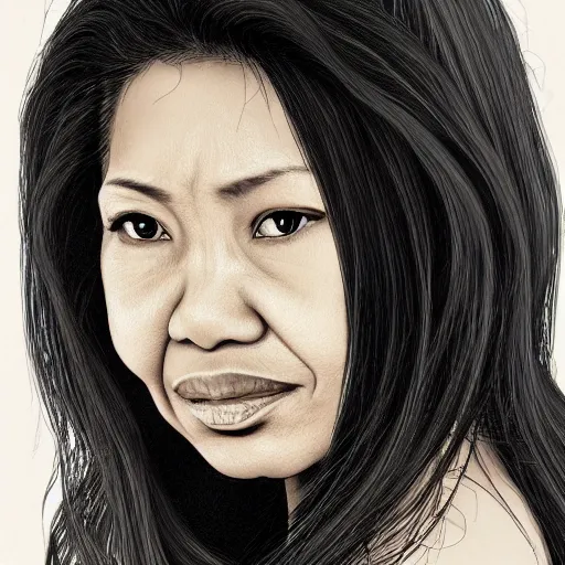 Prompt: A photorealistic image of a Filipino Portuguese Hawaiian, mid-age woman with long hair; detailed, realistic facial features, realistic